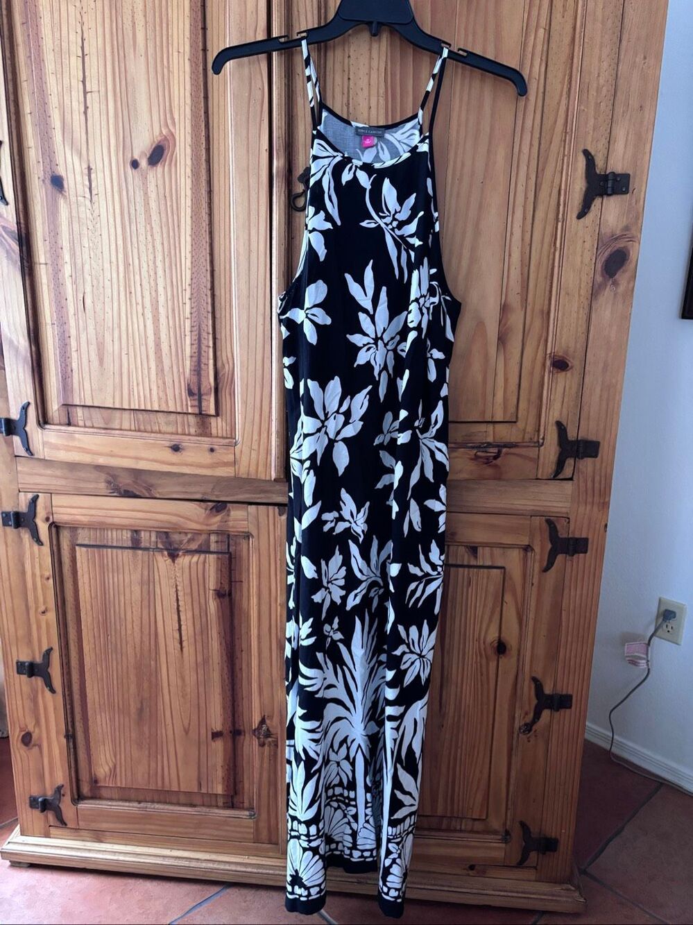 Vince Camuto Black and White Tropical Print Maxi Dress
